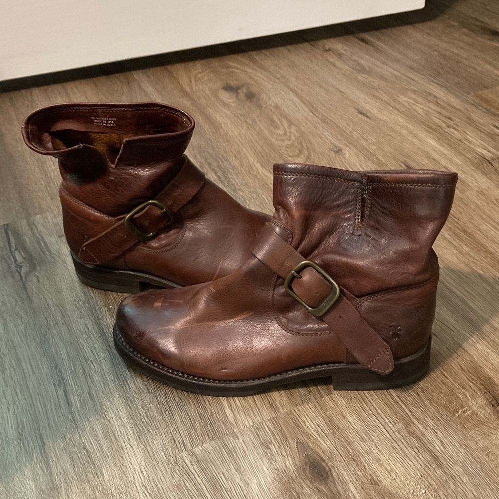 Frye Brown Leather Harness Ankle Boots